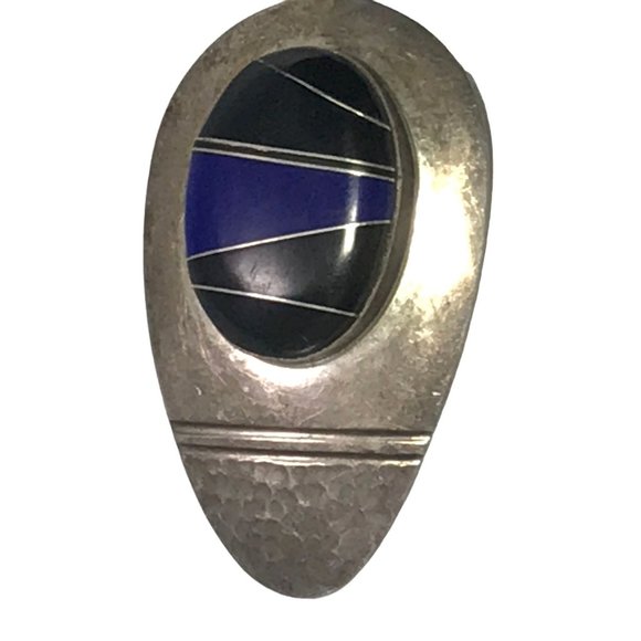Large Vintage Zuni Sterling Silver Inlay Earrings with Onyx and Lapis Signed FM - Picture 7 of 10